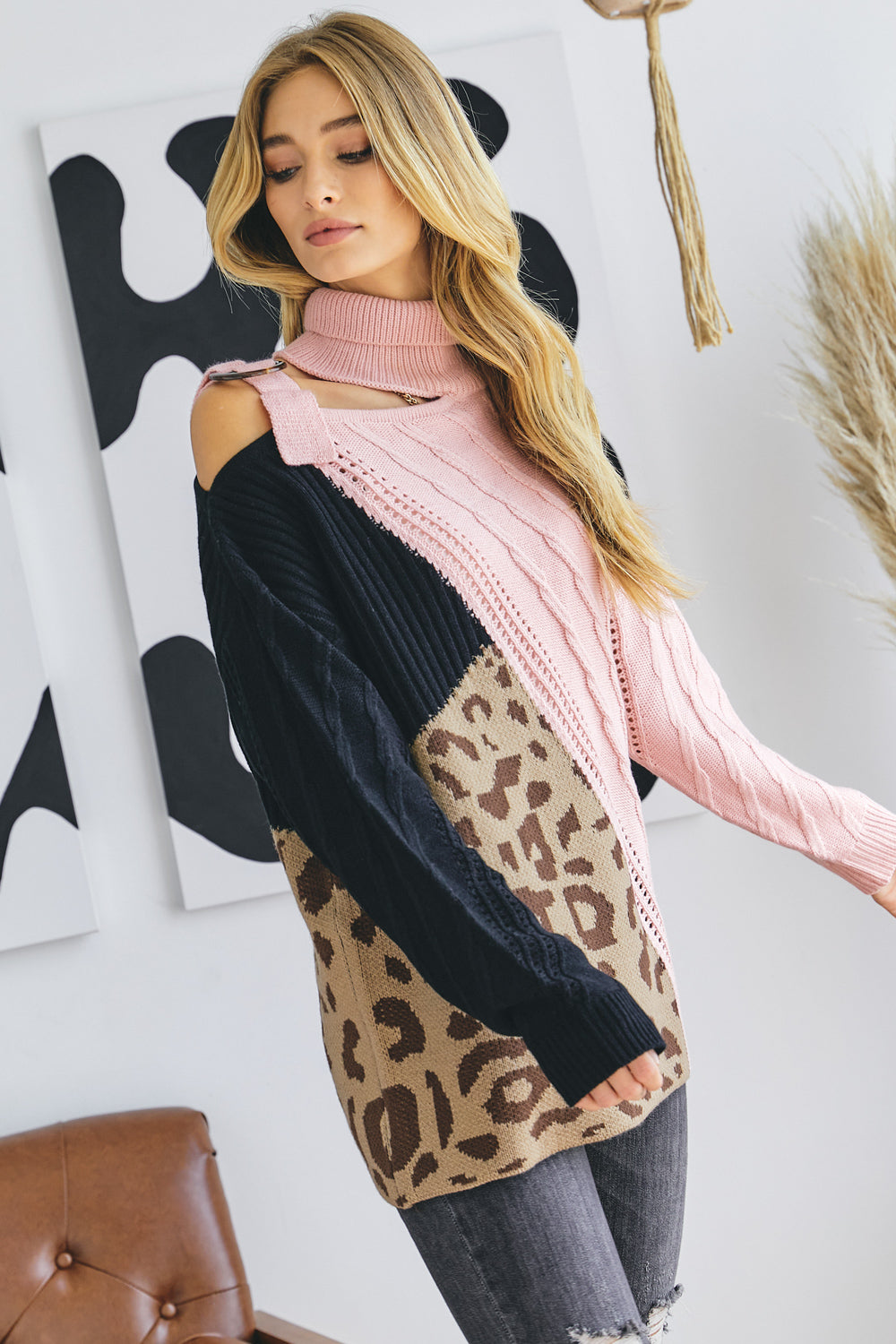 Davi & Dani Turtle Neck Color Block Cutout Sweater | Sweaters Daverri Fashions