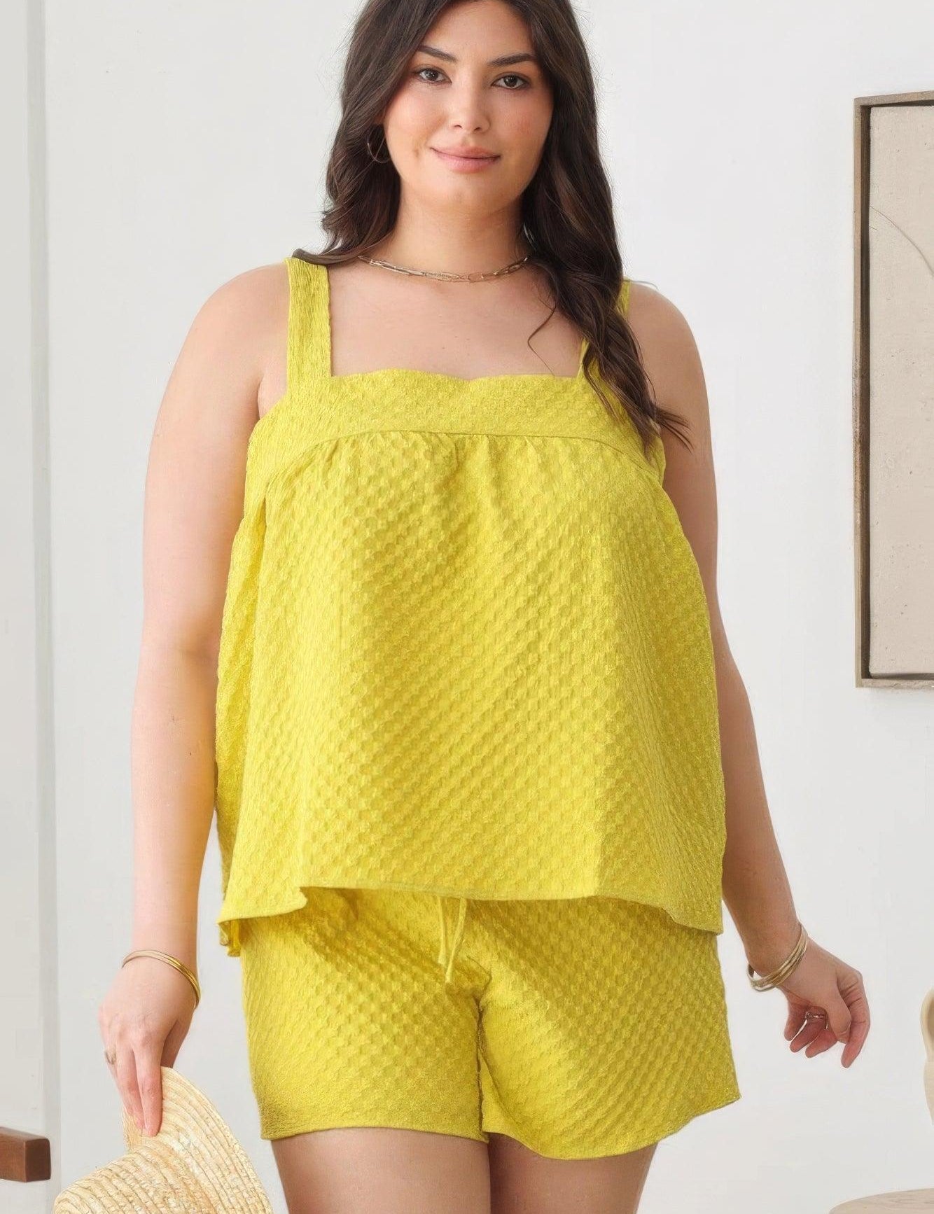 Plus Size Textured Top Elastic Waist Short Sets | Outfit Sets Daverri Fashions