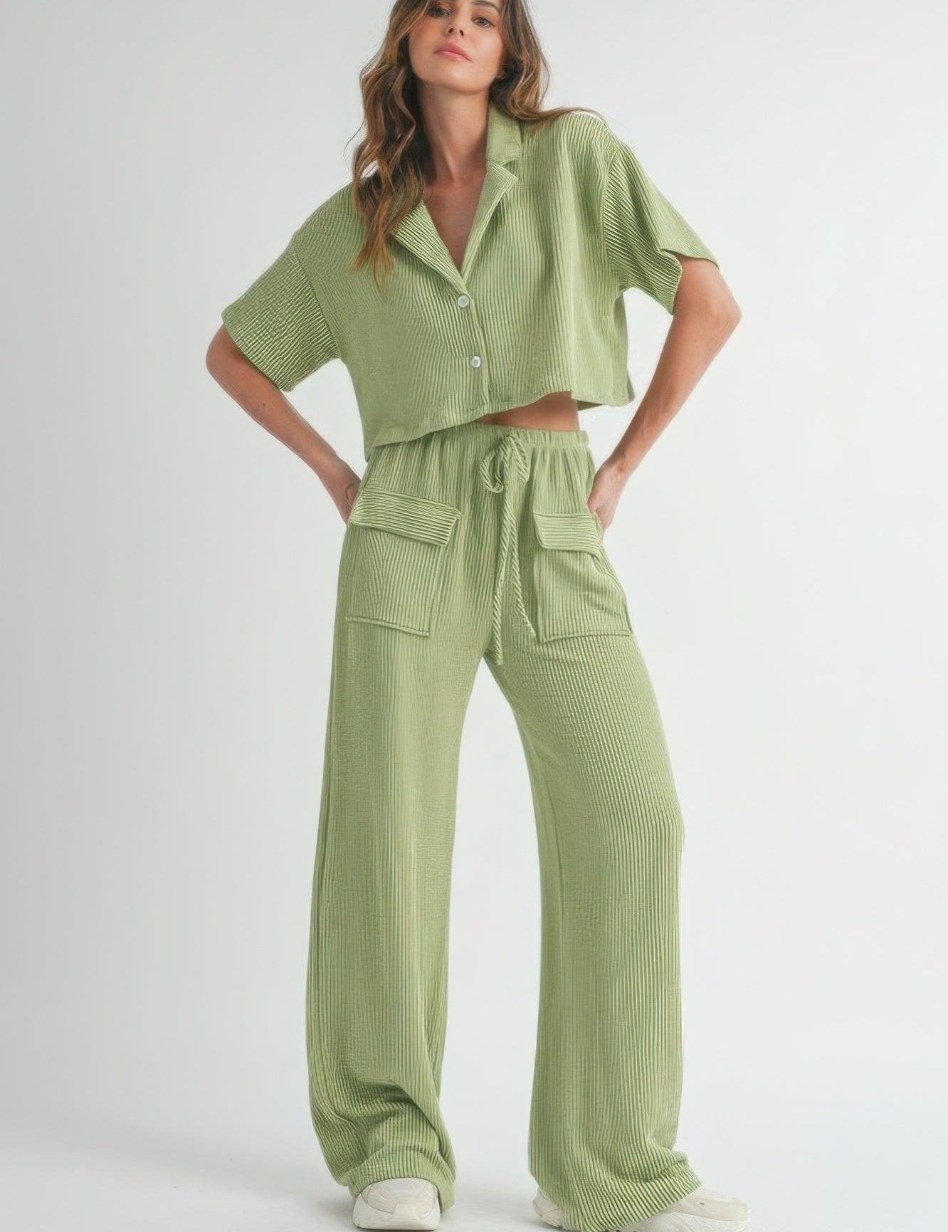 Sage Short Sleeve Crop Top and Pants Set | Outfit Sets Daverri Fashions