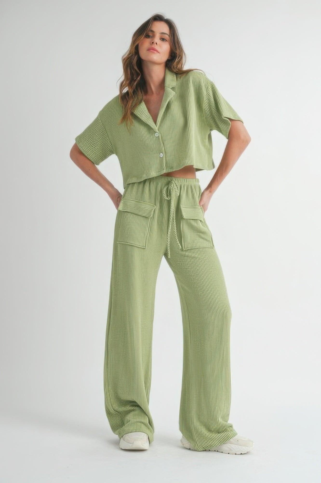 Sage Short Sleeve Crop Top and Pants Set | Outfit Sets Daverri Fashions
