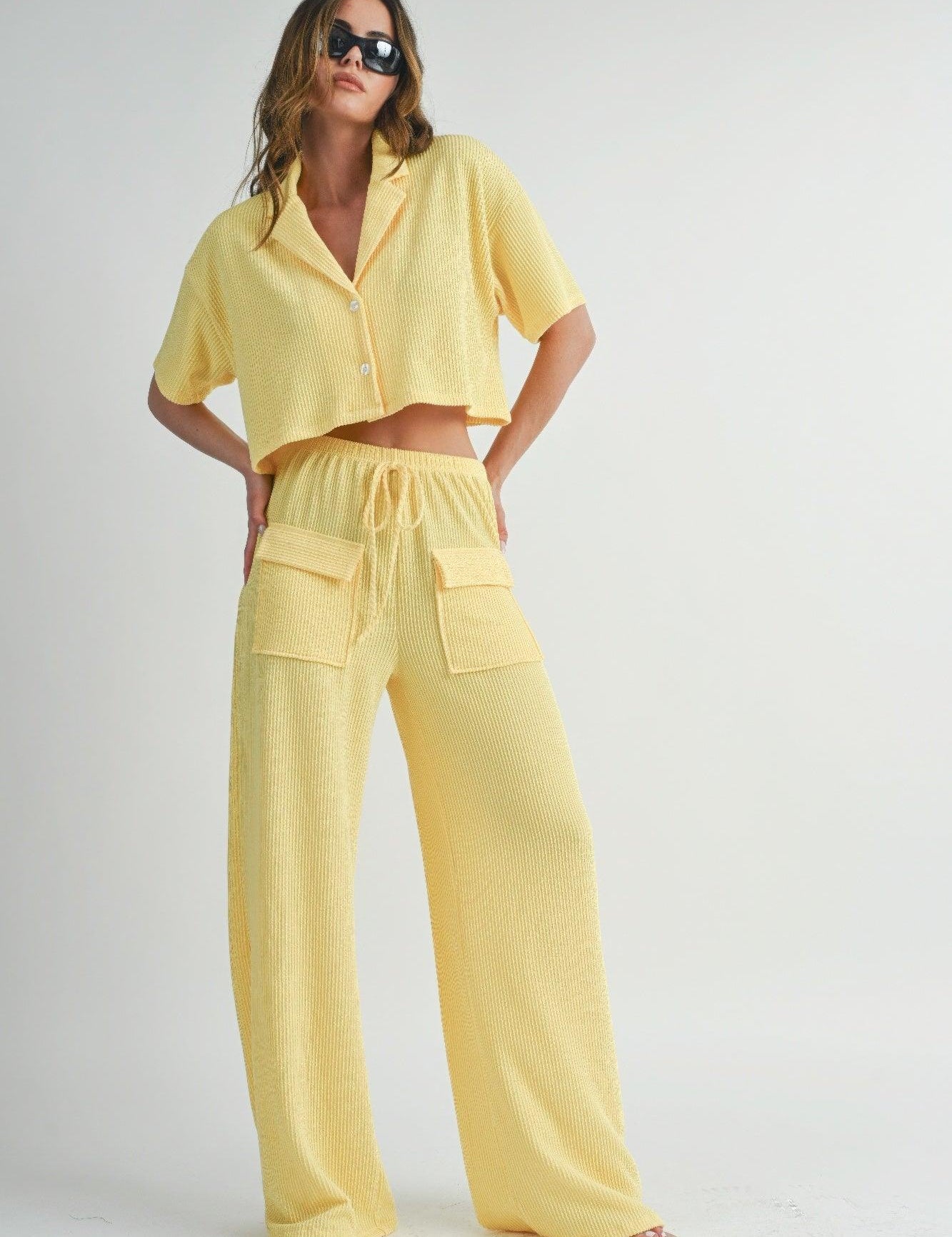 Lemon Drop Short Sleeve Crop Top and Pants Set | Outfit Sets Daverri Fashions