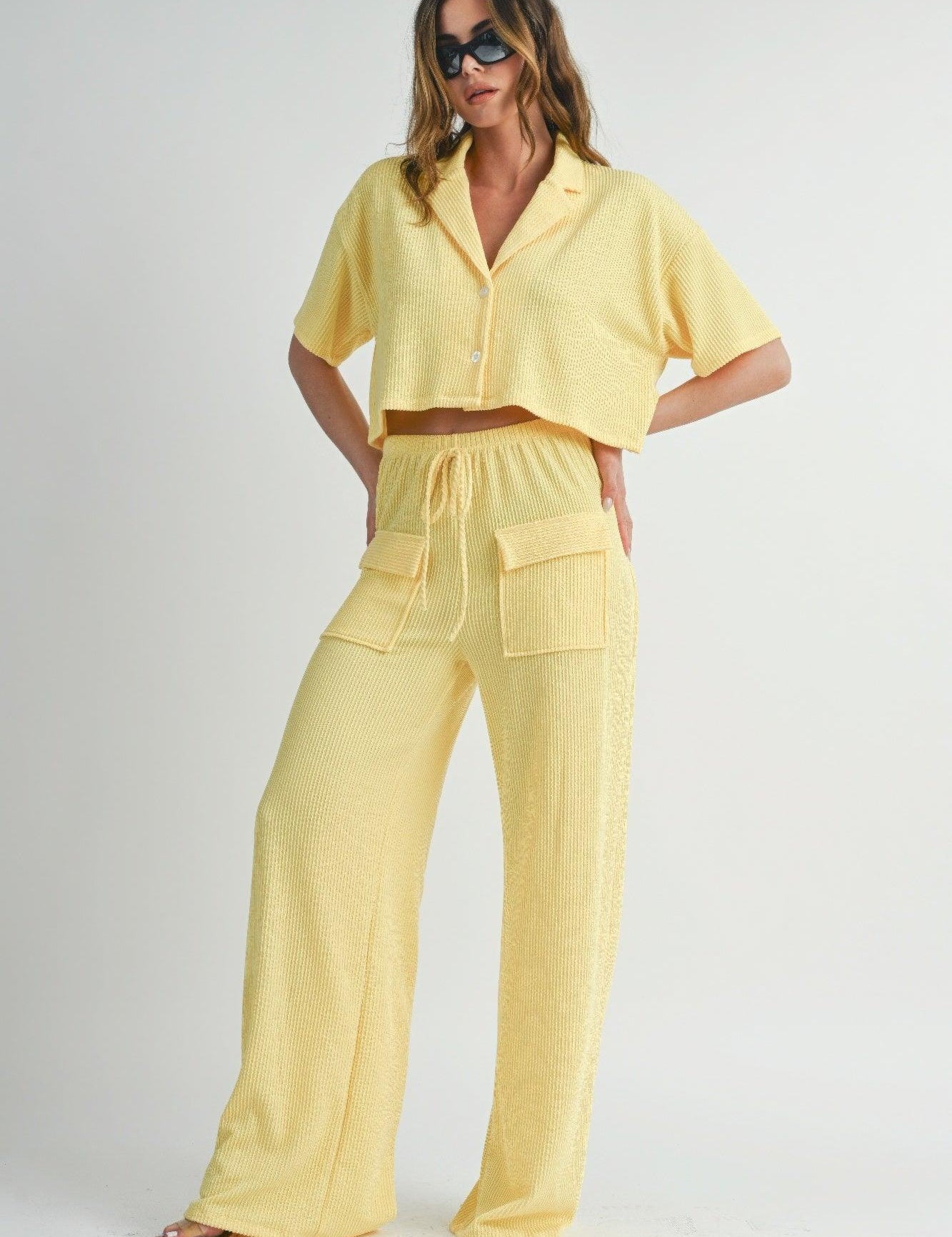 Lemon Drop Short Sleeve Crop Top and Pants Set | Outfit Sets Daverri Fashions