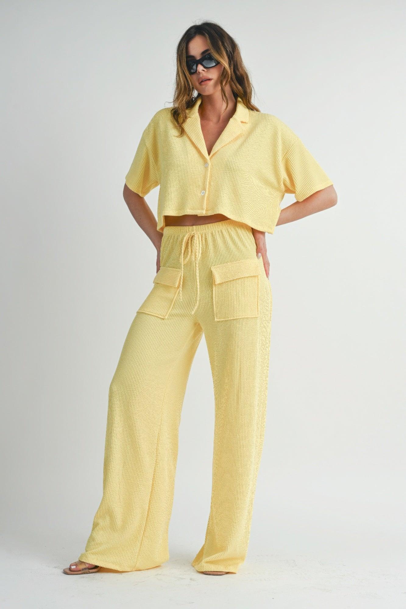 Lemon Drop Short Sleeve Crop Top and Pants Set | Outfit Sets Daverri Fashions