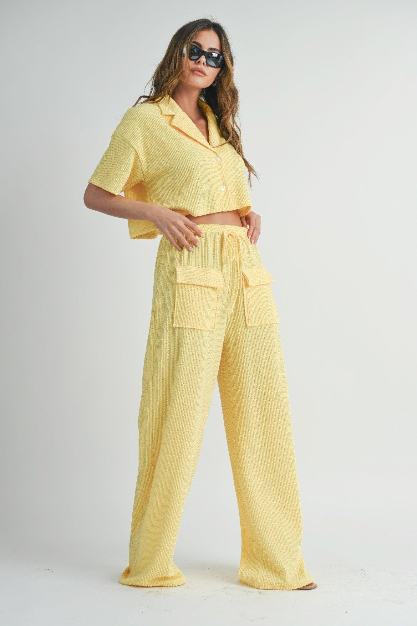 Lemon Drop Short Sleeve Crop Top and Pants Set | Outfit Sets Daverri Fashions