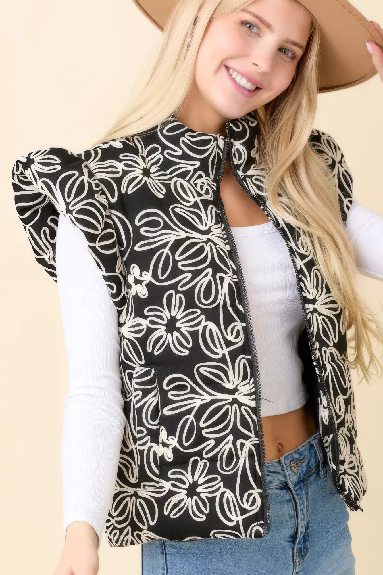 Black Floral Velvet Embroidered Denim Puffer Vest | Vests Daverri Fashions