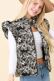 Black Floral Velvet Embroidered Denim Puffer Vest | Vests Daverri Fashions
