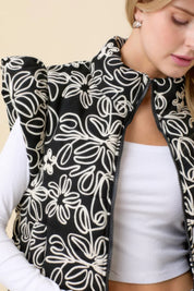 Black Floral Velvet Embroidered Denim Puffer Vest | Vests Daverri Fashions