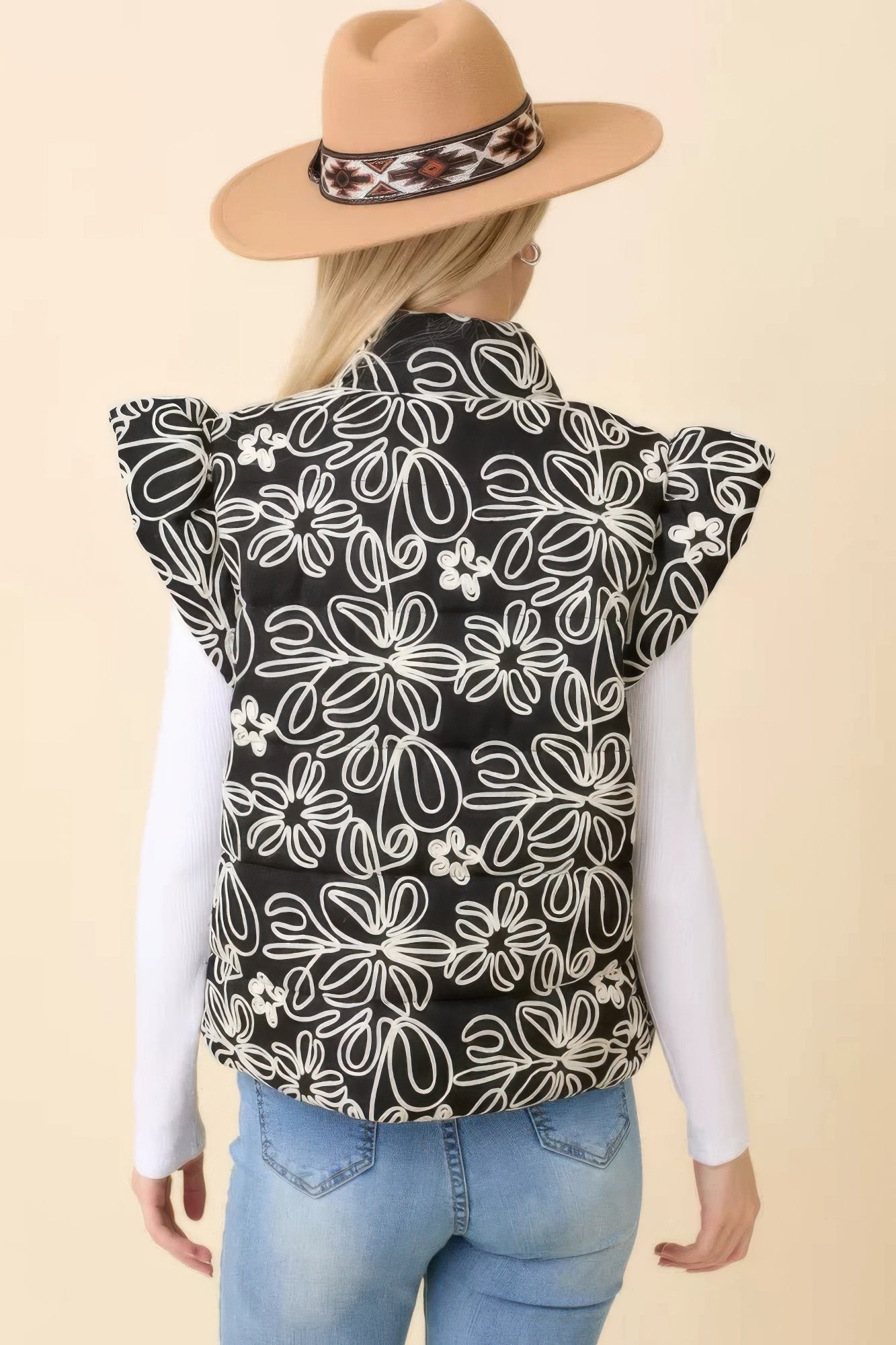 Black Floral Velvet Embroidered Denim Puffer Vest | Vests Daverri Fashions