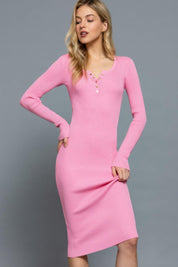 L Pink Henley Neck Midi Sweater Dress | Sweaters Daverri Fashions