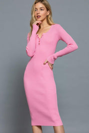 Pink Henley Neck Midi Sweater Dress | Sweaters Daverri Fashions