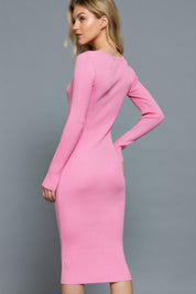Pink Henley Neck Midi Sweater Dress | Sweaters Daverri Fashions
