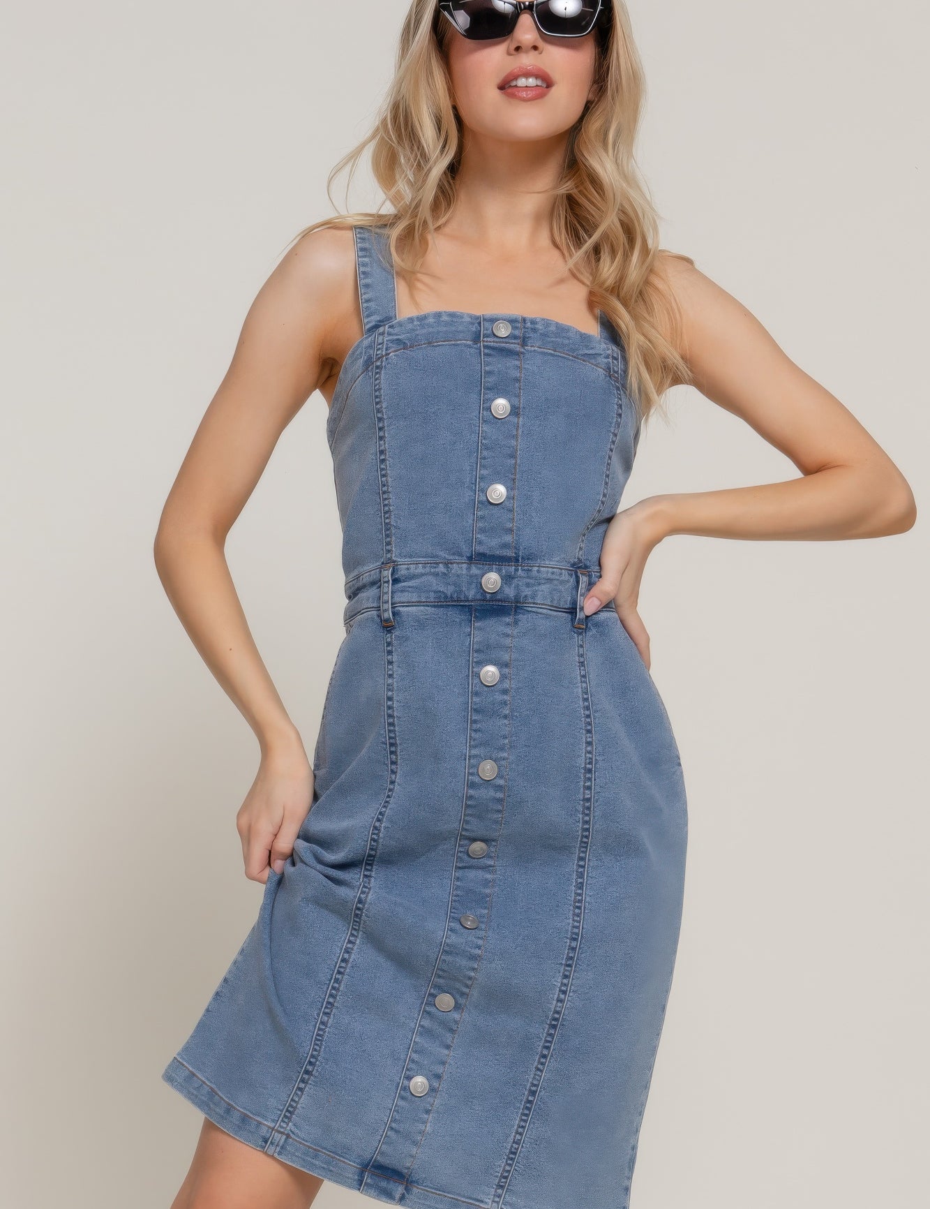 L Button Down Placket Stretch Denim Dress | Midi Dresses Daverri Fashions