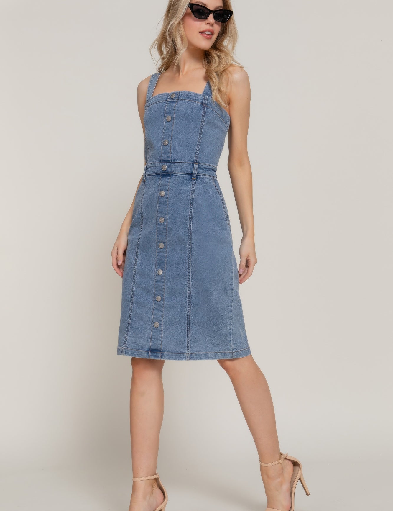 Button Down Placket Stretch Denim Dress | Midi Dresses Daverri Fashions