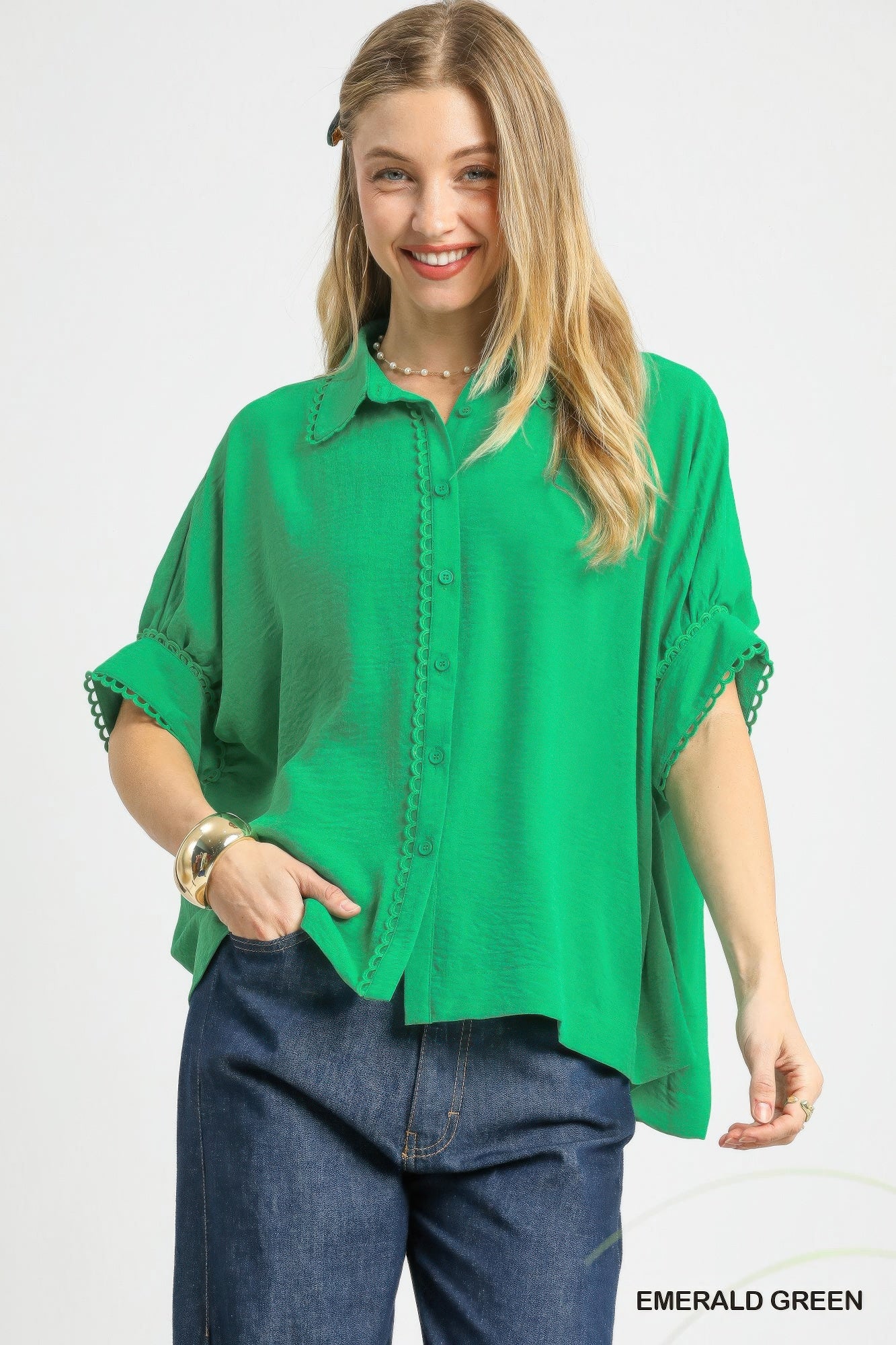 L Fresh Flair Scallop Trim Blouse | Daverri Fashions
