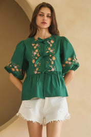 L Hunter Green Poplin Front Ribbon Tie Blouse | Blouses Daverri Fashions