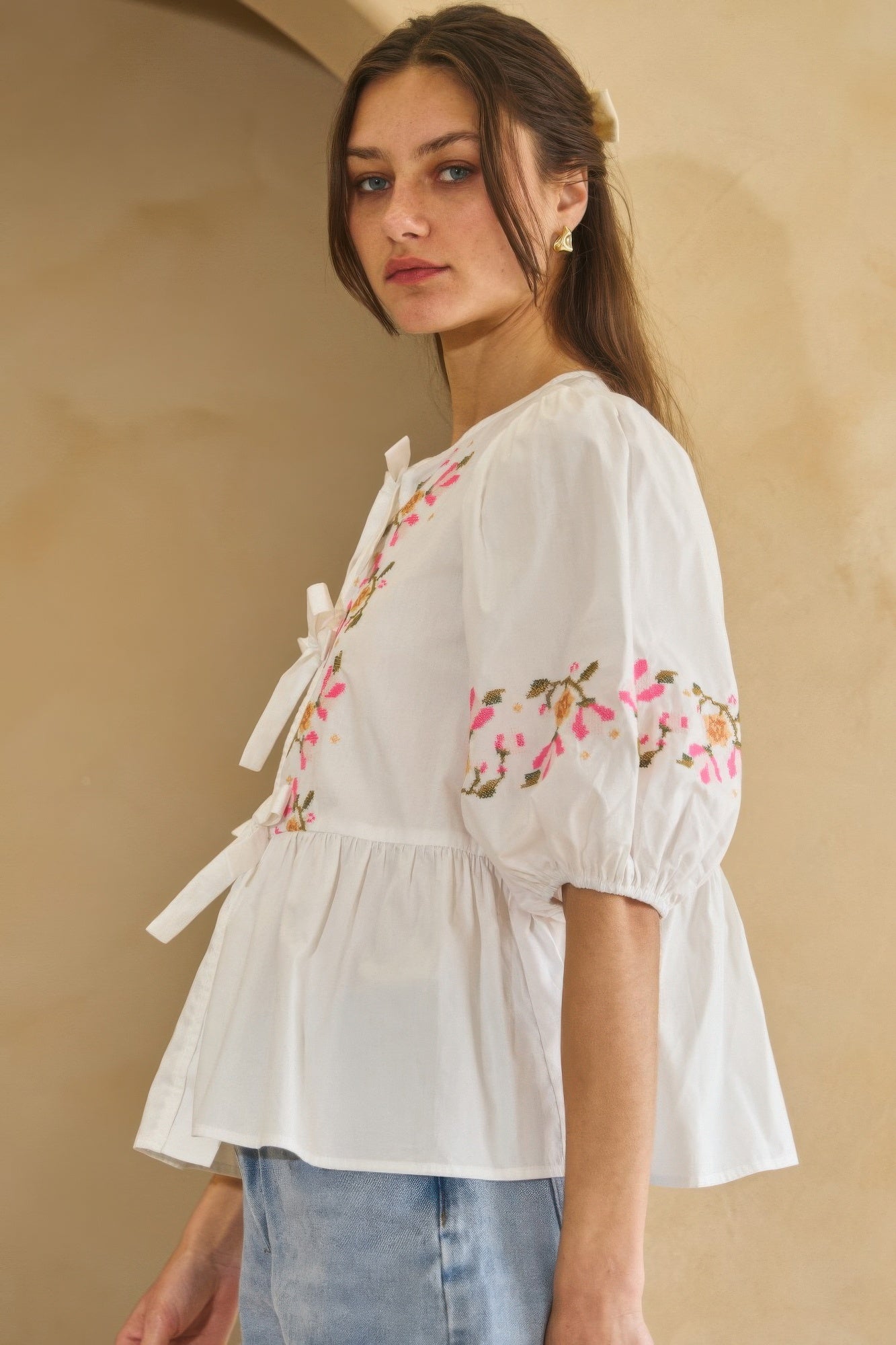 Off White Poplin Front Ribbon Tie Blouse | Blouses Daverri Fashions
