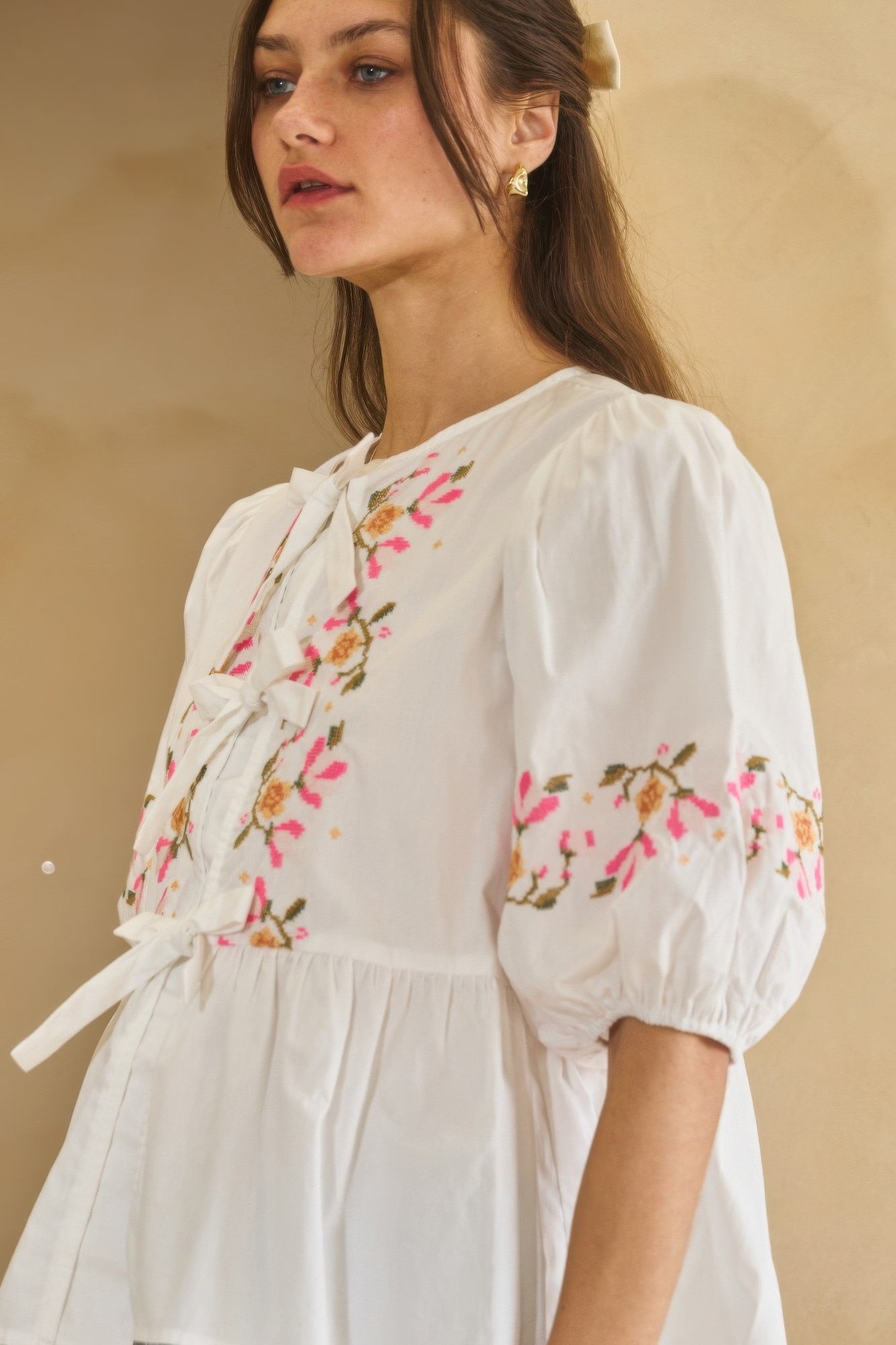 Off White Poplin Front Ribbon Tie Blouse | Blouses Daverri Fashions