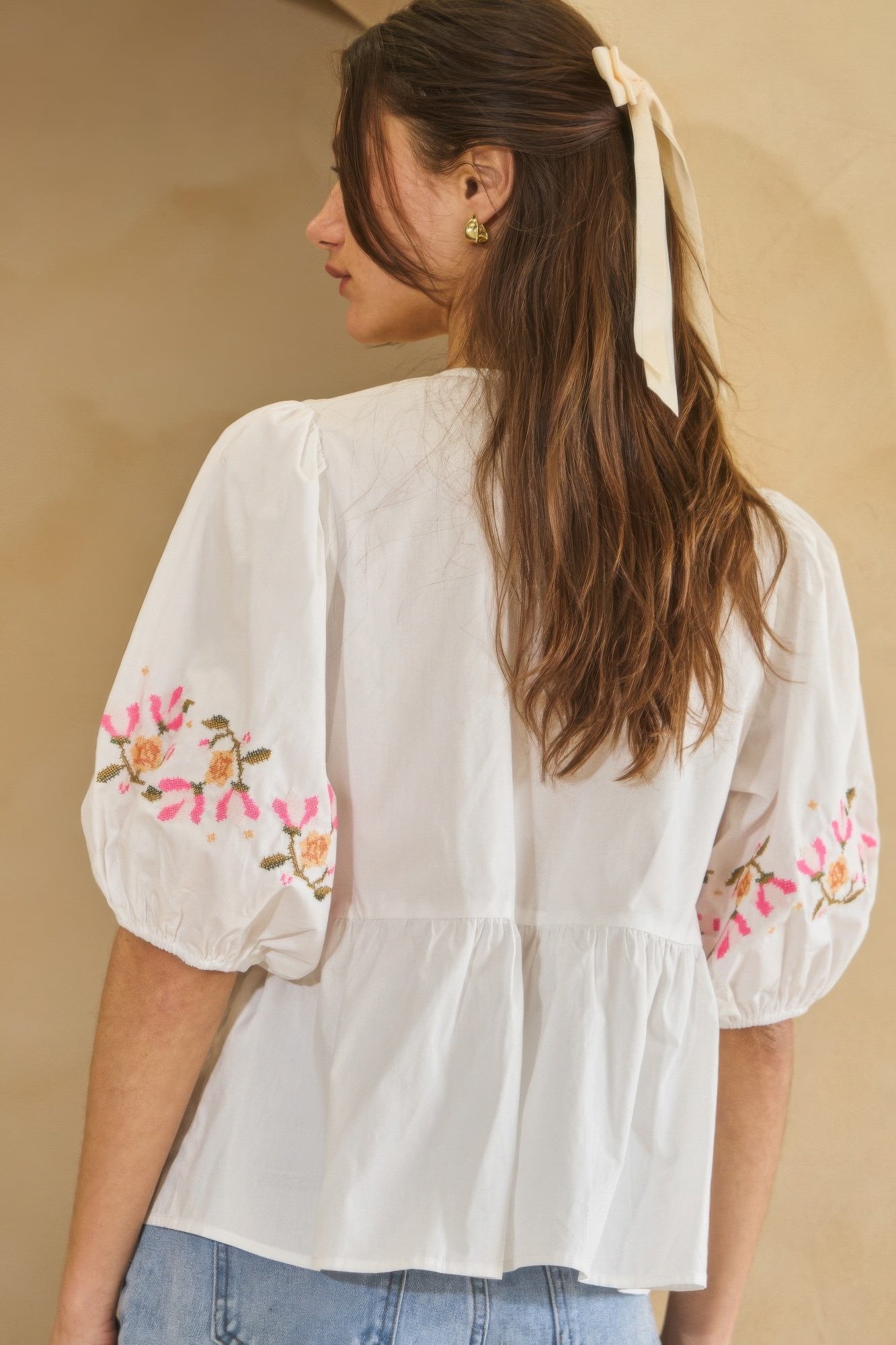 Off White Poplin Front Ribbon Tie Blouse | Blouses Daverri Fashions