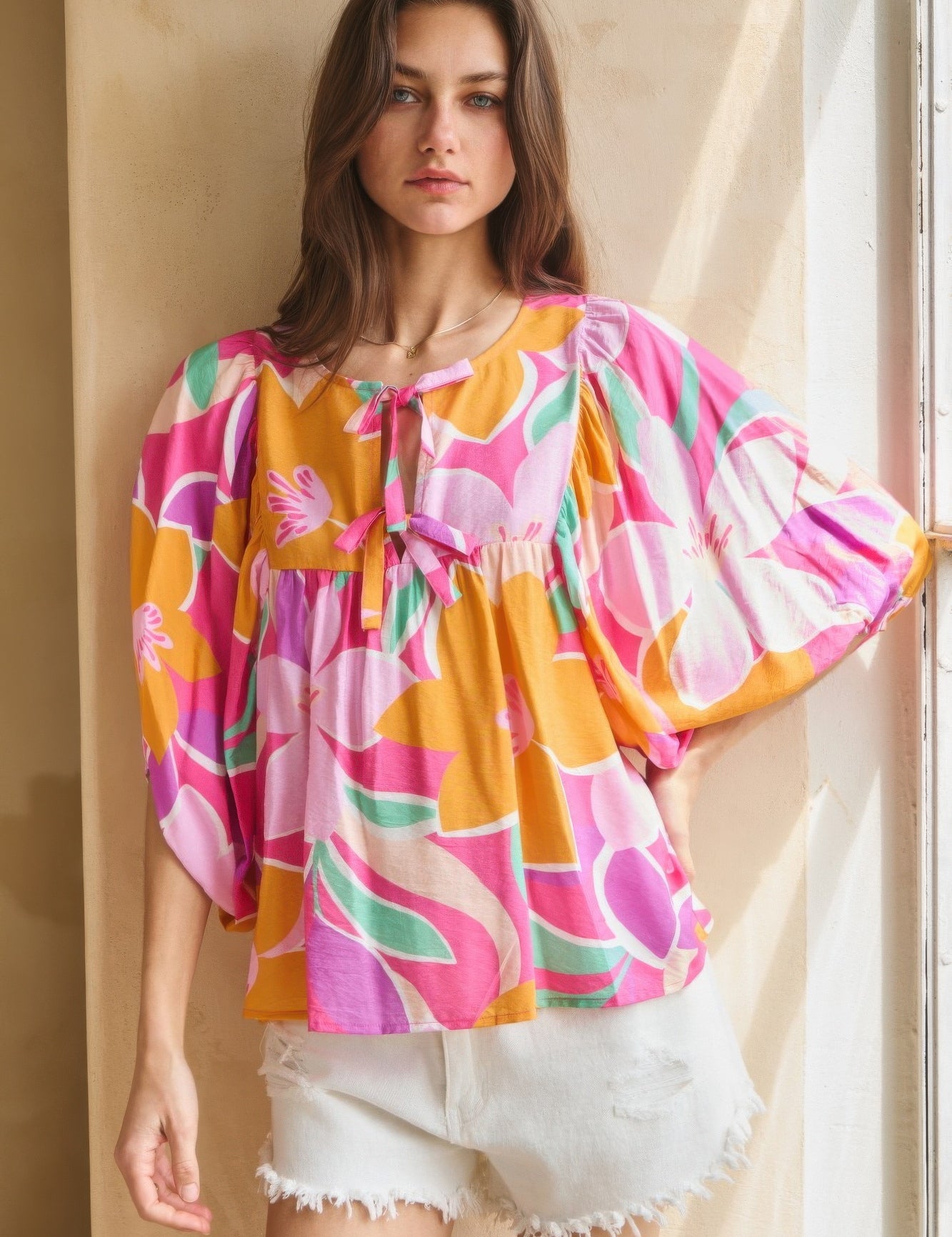 L Geo Floral Printed Batwing Sleeve Top | Tops Daverri Fashions