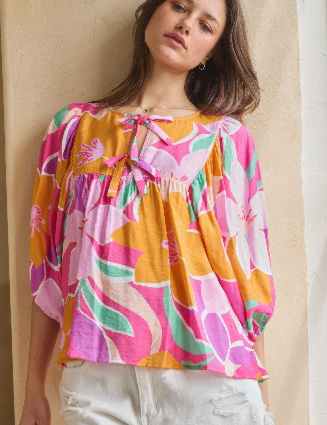 Geo Floral Printed Batwing Sleeve Top | Tops Daverri Fashions