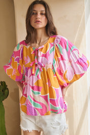 Geo Floral Printed Batwing Sleeve Top | Tops Daverri Fashions