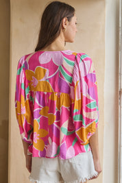 Geo Floral Printed Batwing Sleeve Top | Tops Daverri Fashions