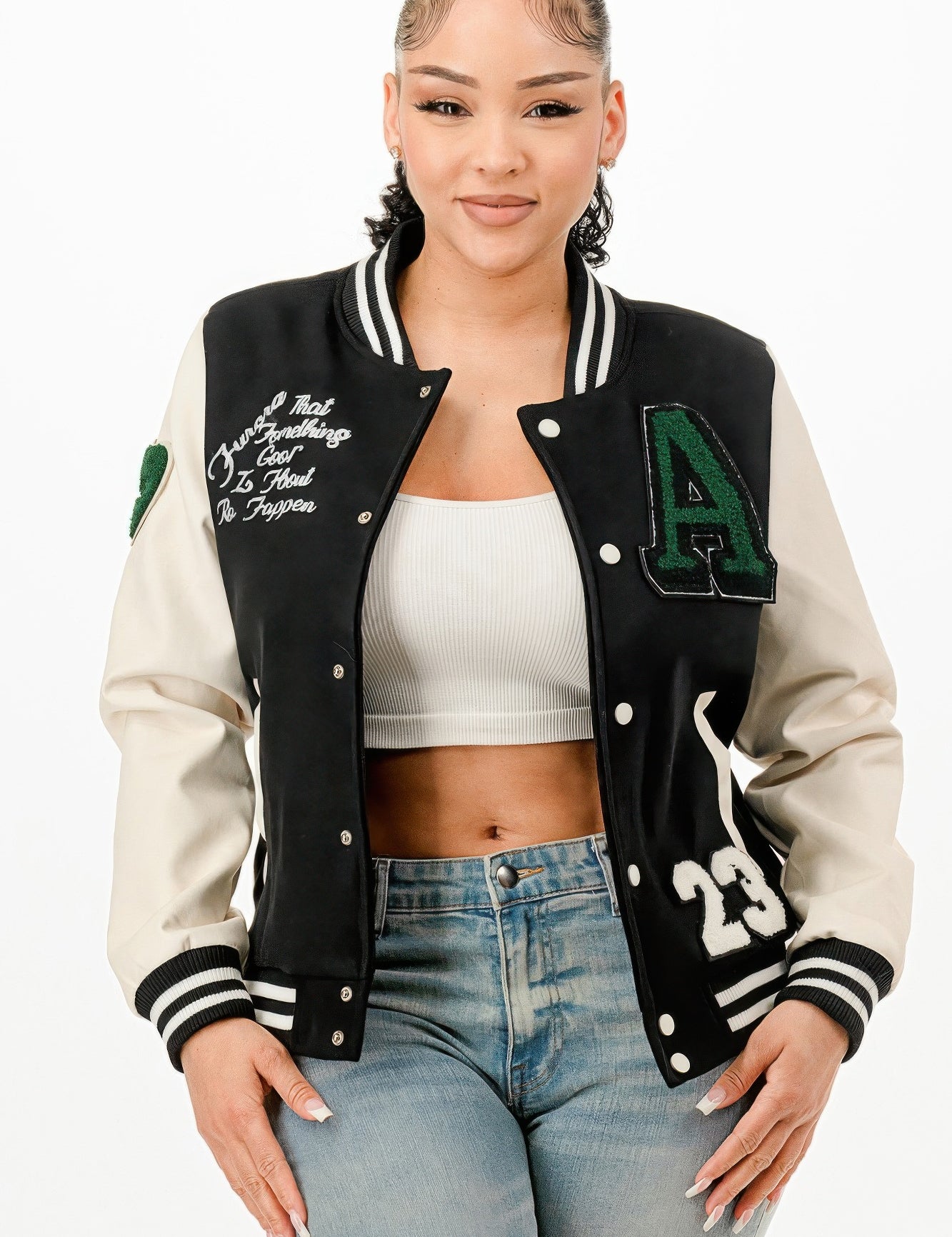 Patch Varsity Bomber Jacket | Daverri Fashions