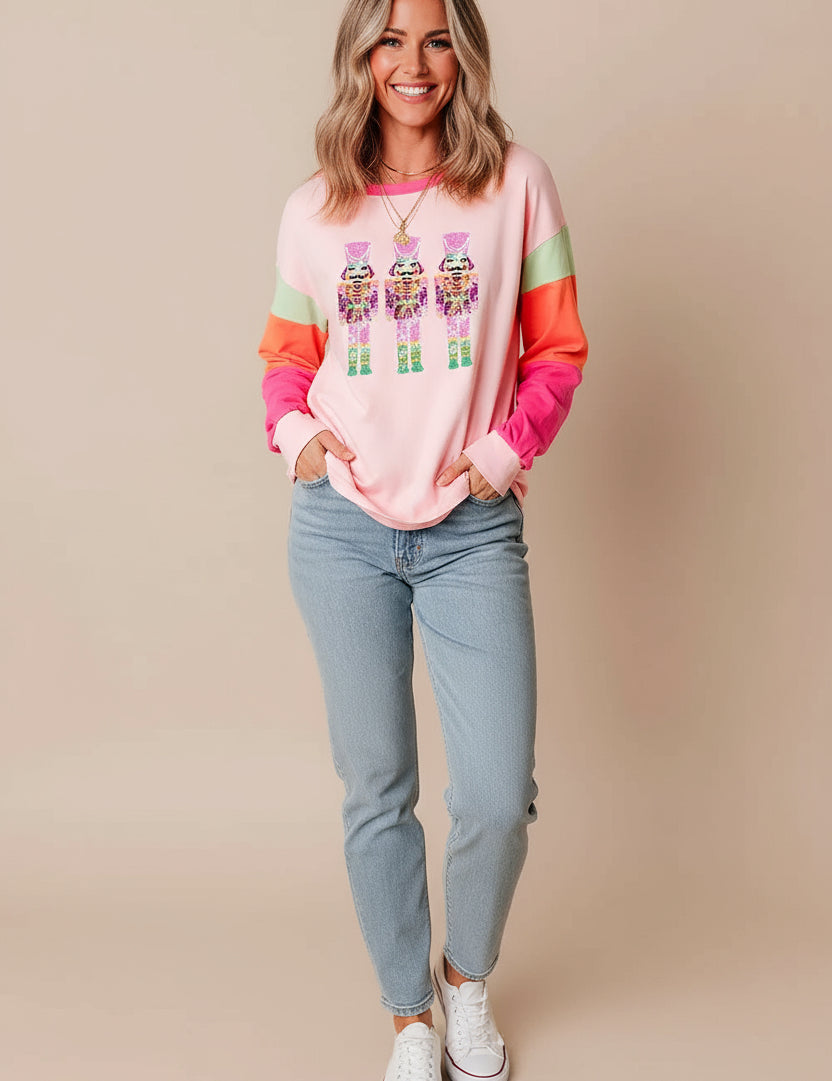Sequin Nutcracker Round Neck Long Sleeve Top | Tops Daverri Fashions