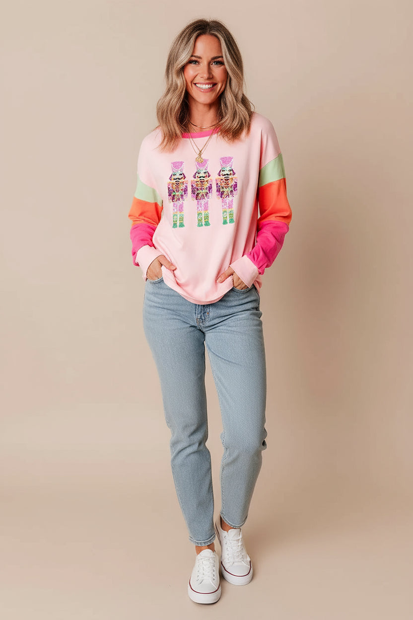 Sequin Nutcracker Round Neck Long Sleeve Top | Tops Daverri Fashions