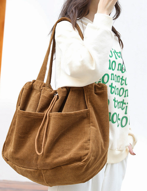 Drawstring Multi-pocket Corduroy Shoulder Bag | Handbags Daverri Fashions