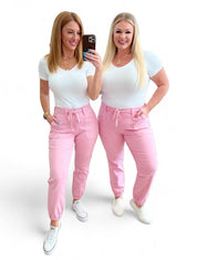 Pink High Rise Pink Denim Joggers | Denim Joggers Daverri Fashions