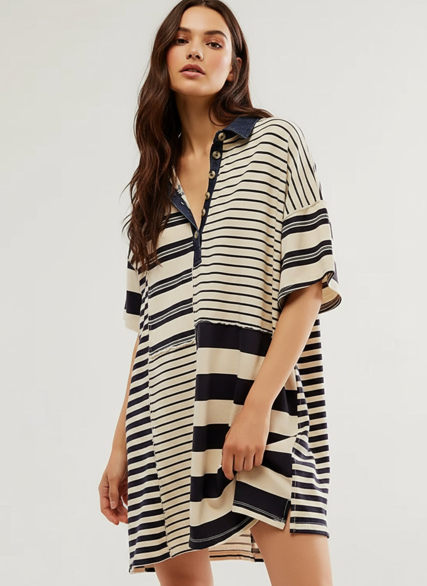 Striped Oversized Half Button Shirt Dress