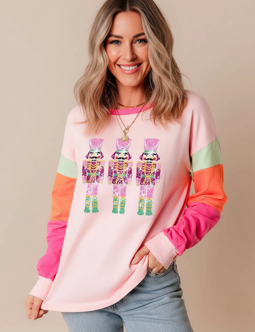 Sequin Nutcracker Round Neck Long Sleeve Top | Tops Daverri Fashions