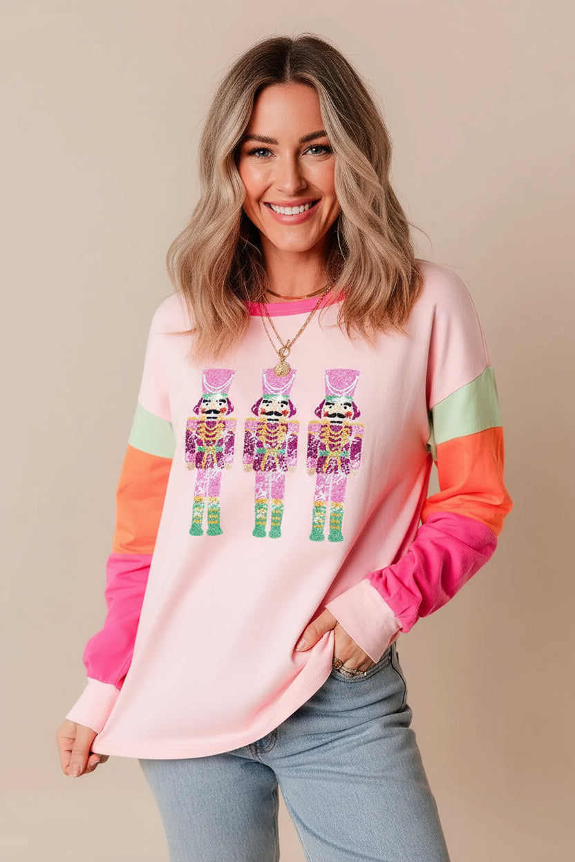 Sequin Nutcracker Round Neck Long Sleeve Top | Tops Daverri Fashions