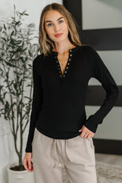 Effortless Edge Knit Henley Top in Black | Womens Daverri Fashions