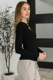 Effortless Edge Knit Henley Top in Black | Womens Daverri Fashions