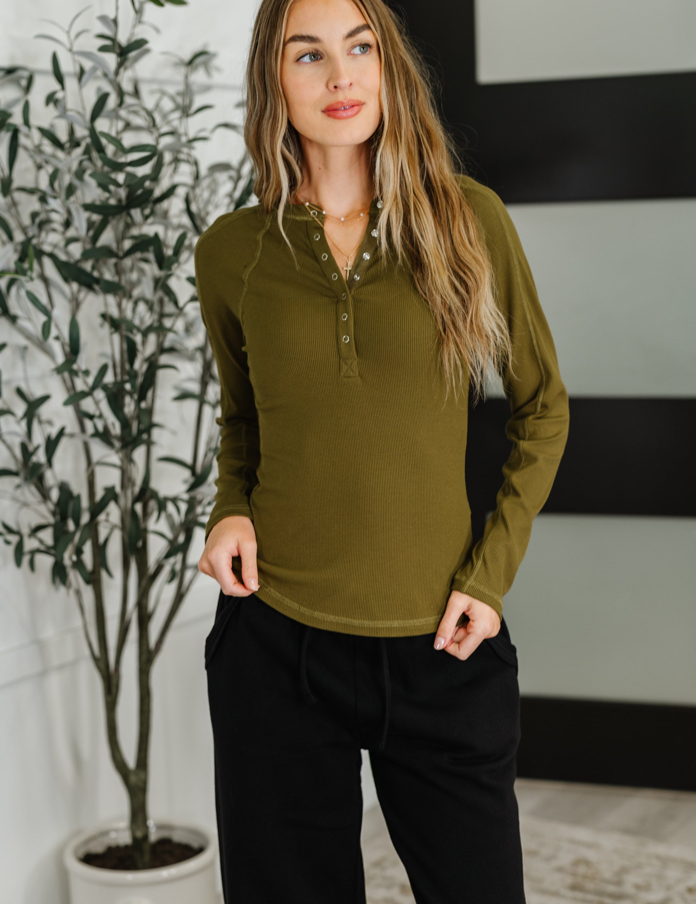 Effortless Edge Knit Henley Top in Camo Green | Womens Daverri Fashions