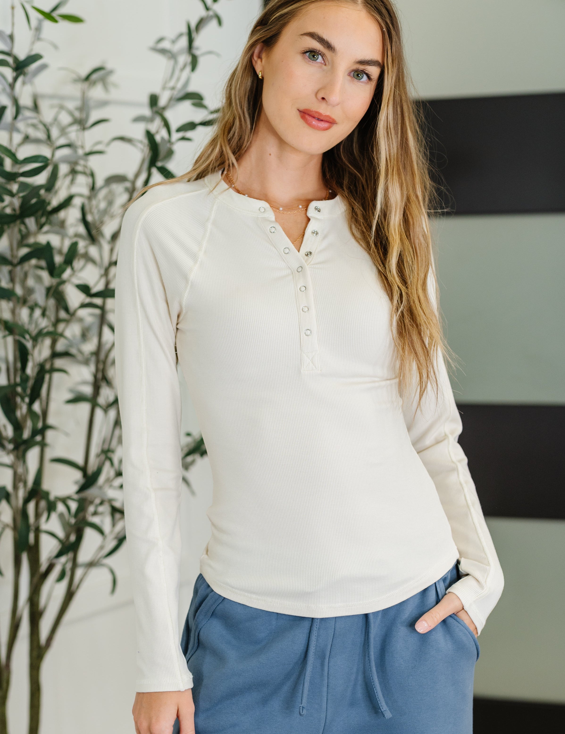 Effortless Edge Knit Henley Top in Natural | Womens Daverri Fashions