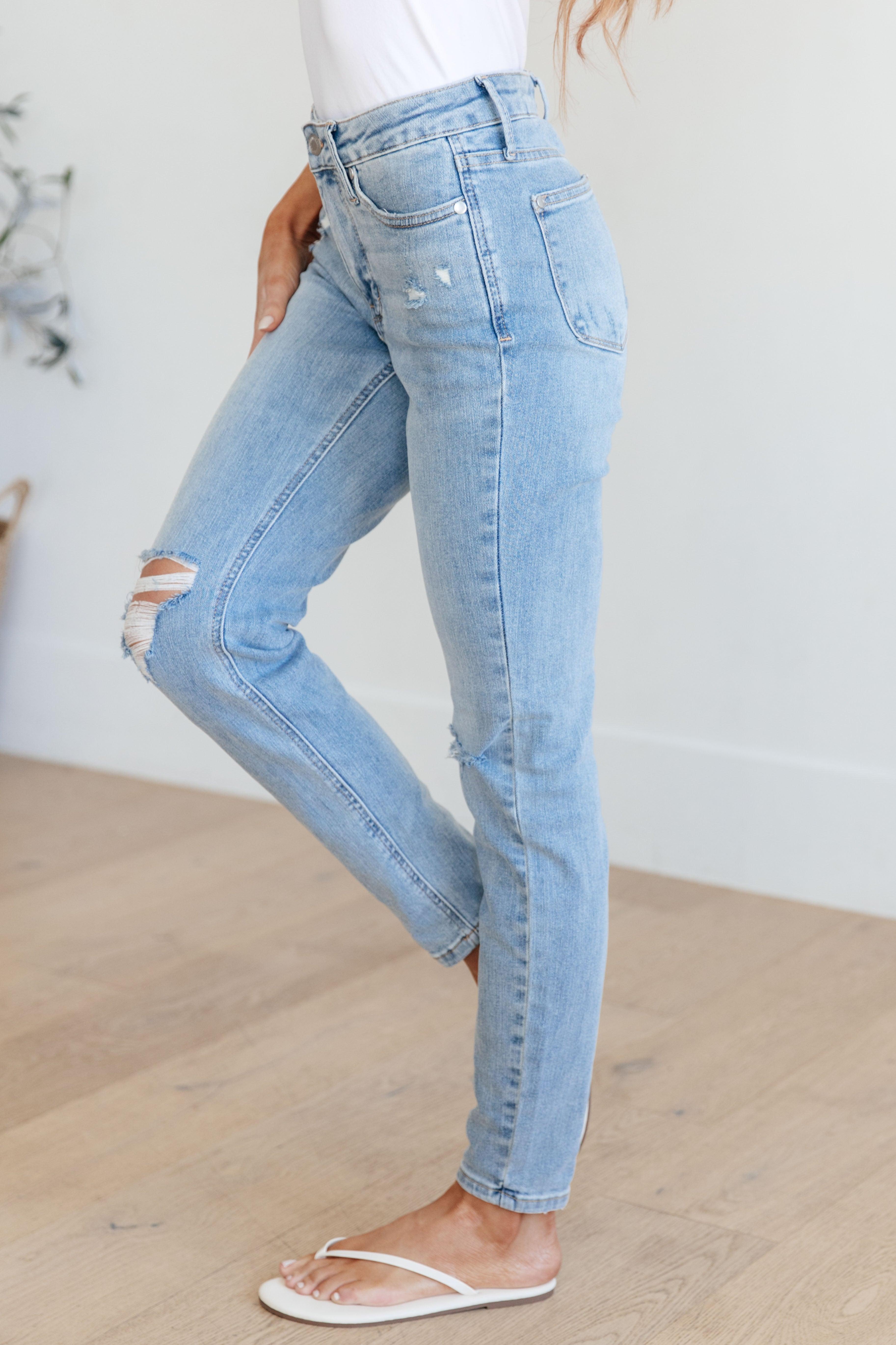 Judy Blue Eloise Mid Rise Control Top Distressed Skinny Jeans | Jeans Daverri Fashions