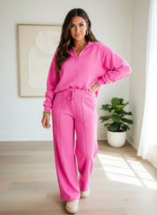 Solid Color Collared Pullover and Central Seam Pants Set | Loungewear Sets Daverri Fashions
