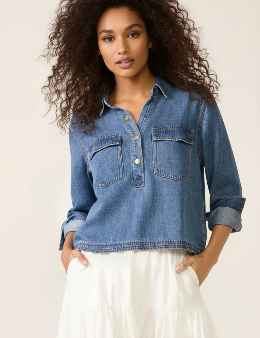 Half Snap Cropped Denim Top | Tops Daverri Fashions