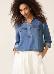 Half Snap Cropped Denim Top | Tops Daverri Fashions