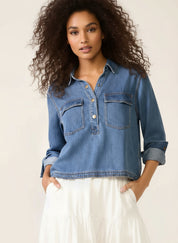 Half Snap Cropped Denim Top | Tops Daverri Fashions