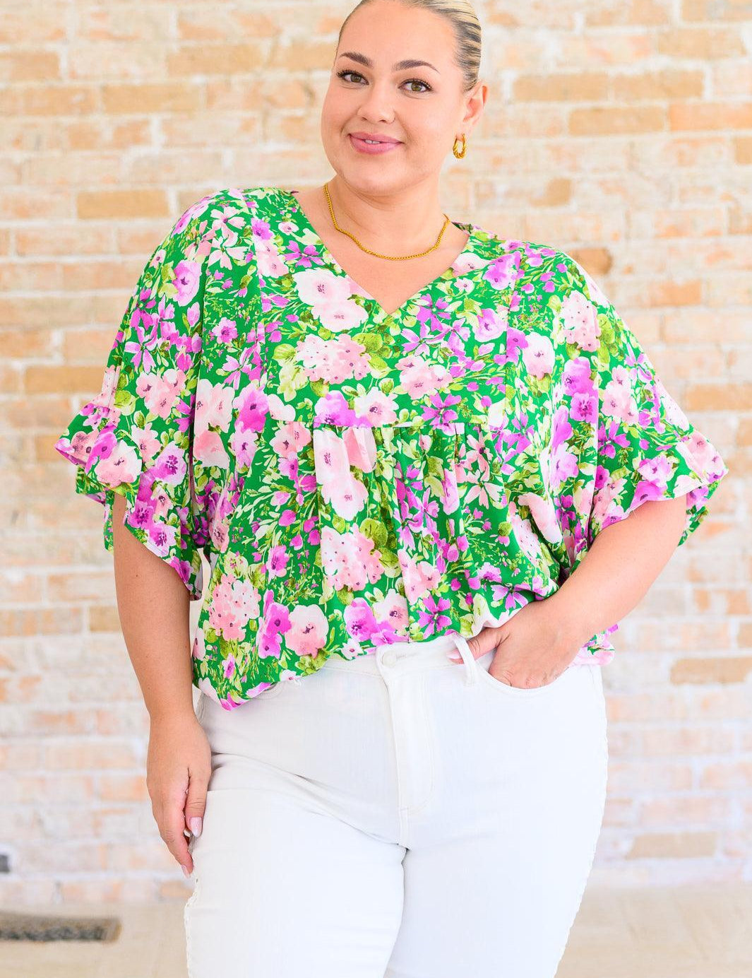 Emily Wonder Kelly Green V-Neck Floral Blouse | Blouses Daverri Fashions