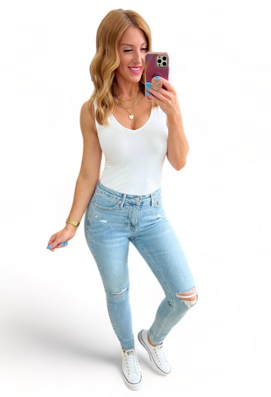 Judy Blue Eloise Mid Rise Control Top Distressed Skinny Jeans | Jeans Daverri Fashions