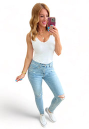 Judy Blue Eloise Mid Rise Control Top Distressed Skinny Jeans | Jeans Daverri Fashions