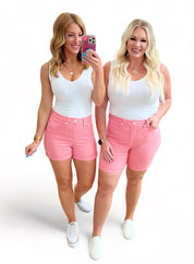 Judy Blue Pink High Rise Control Top Cuffed Shorts | Denim Shorts Daverri Fashions
