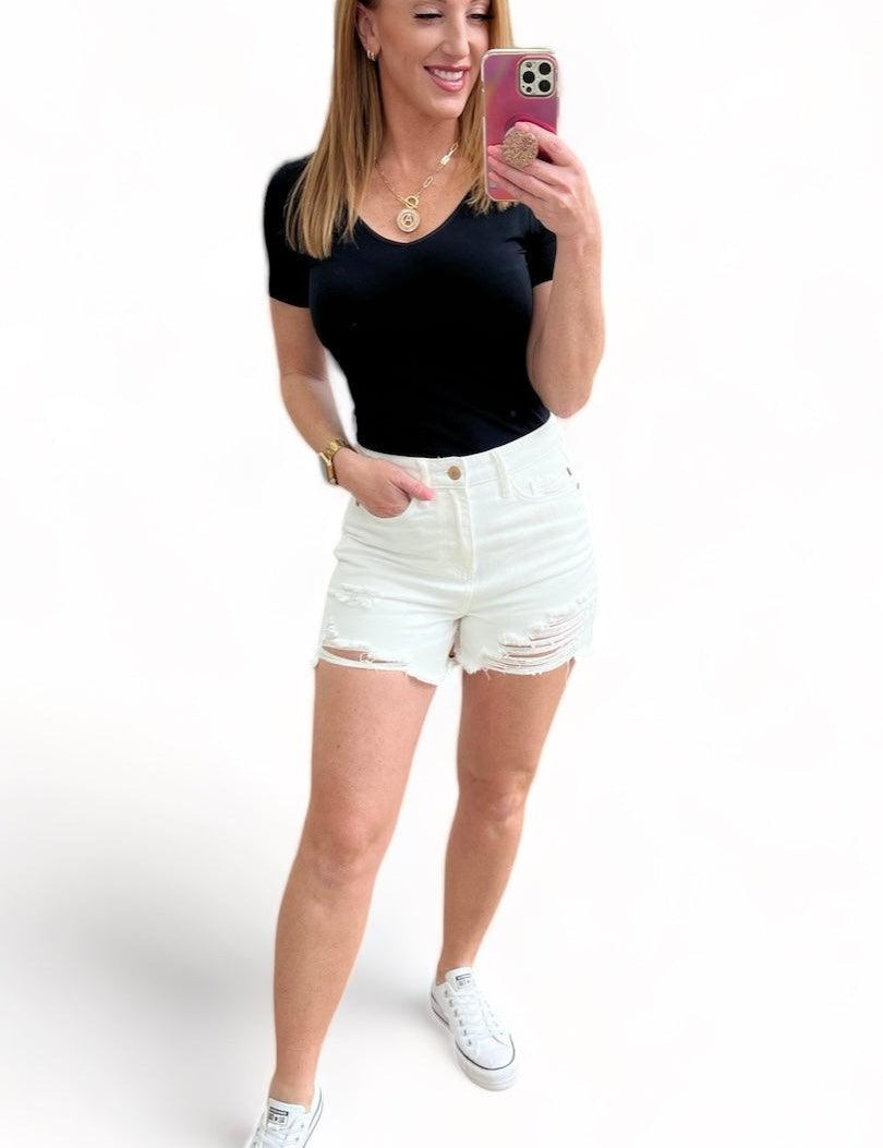 Jessie High Rise Rigid Magic Cutoff Shorts in White | Shorts Daverri Fashions