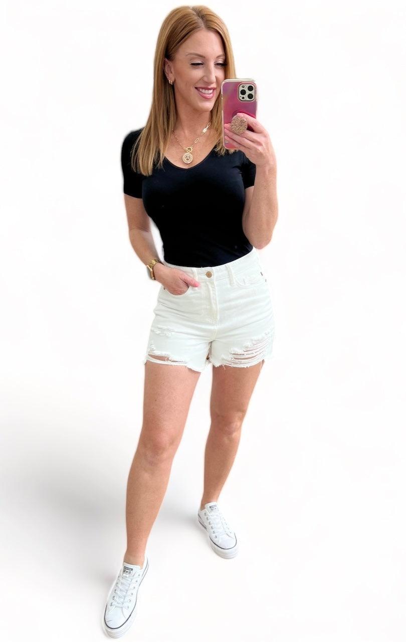 Jessie High Rise Rigid Magic Cutoff Shorts in White | Shorts Daverri Fashions