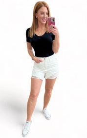 Jessie High Rise Rigid Magic Cutoff Shorts in White | Shorts Daverri Fashions